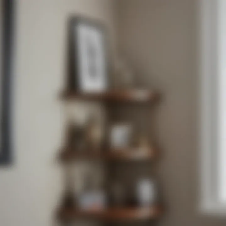 Elegant corner shelf adorned with artistic decor and personal memorabilia