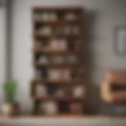 Modern wooden bookshelf displaying an array of decorative items and books