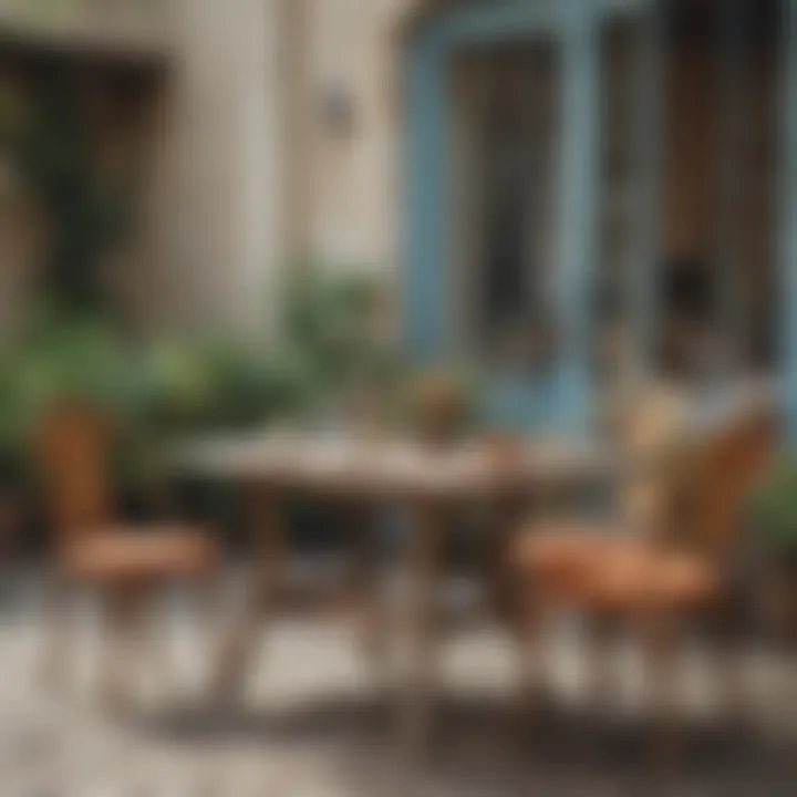 Rustic wooden French patio table surrounded by vibrant chairs.