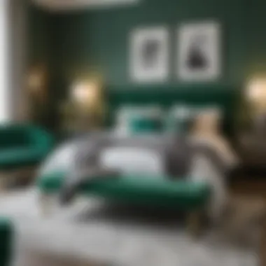 Stylish bedroom featuring the emerald green bench and vibrant decor