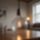 Close-up view of a textured light bulb illuminating a modern living space