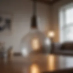 Close-up view of a textured light bulb illuminating a modern living space