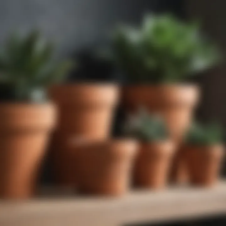 Decorative terracotta pots arranged creatively on a shelf