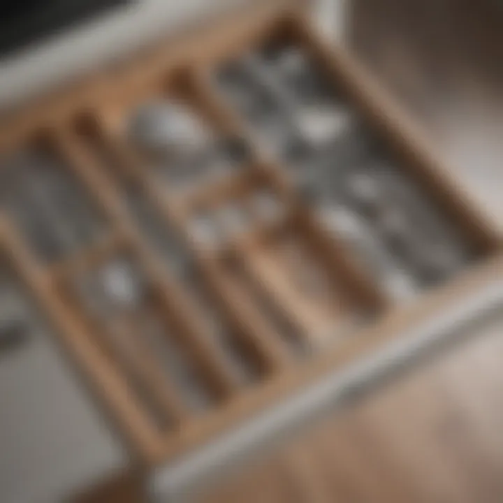 Close-up view of clear utensil tray with various kitchen tools arranged.