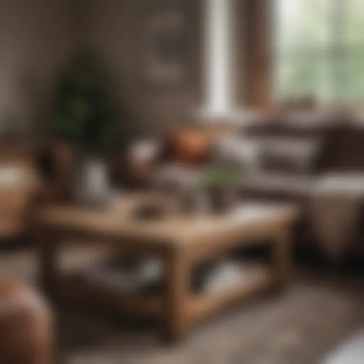 Cozy corner showcasing a rustic wooden coffee table surrounded by comfortable seating