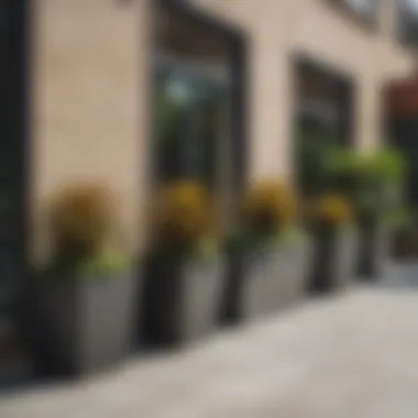 Stylish Outdoor Space with Rectangular Planters Stylish outdoor space showcasing a series of rectangular planters with vibrant artificial plants